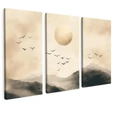 LEINWANDBILD 3er Set Landschaft - Japandi - Beige - Vögel 120x80 cm