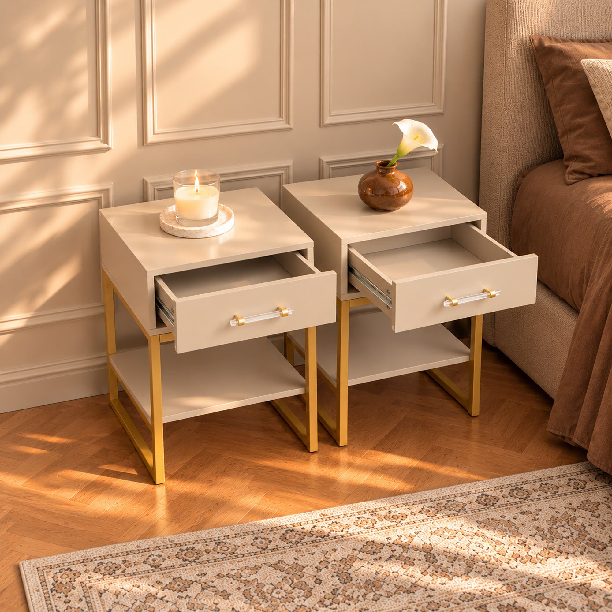 Pair of Neutral One Drawer Bedside Tables - Liana Taupe Range Wood, Metal