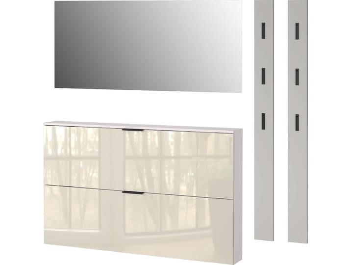 Garderoben-Set GERMANIA Valega , beige (kaschmir), B:200cm H:200cm T:19cm, Glas, Holzwerkstoff, Kastenmöbel-Sets, Garderoben-Set, Schuhschrank mit Glasfronten, Spiegel und zwei Garderobenpaneelen