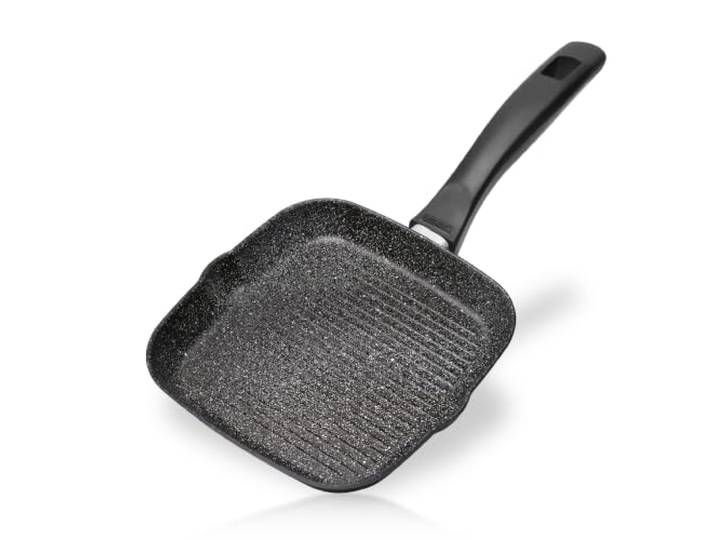 STONELINE Grillpfanne 16 x 16 cm, Aluguss, Antihaftbeschichtung mit echten Steinpartikeln, Kleine Pfanne Induktion backofengeeignet, Steakpfanne Eckige Pfanne, Schwarz