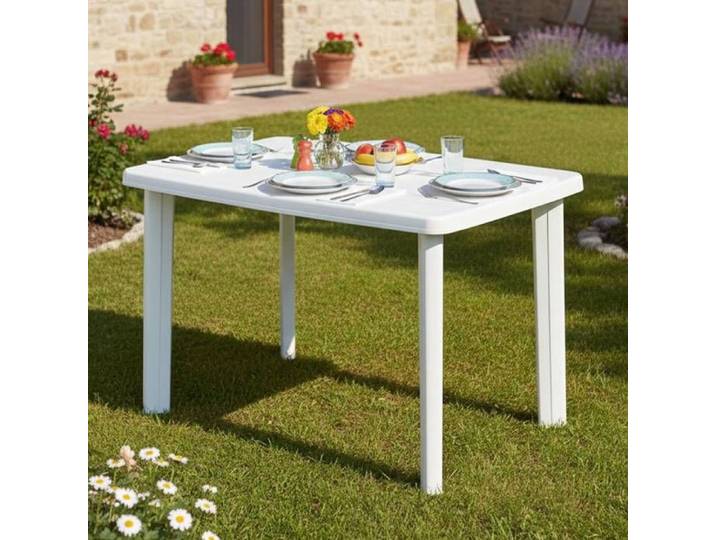 Table d'extérieur Pinedale Dmora en plastique blanc 101x68x72 cm
