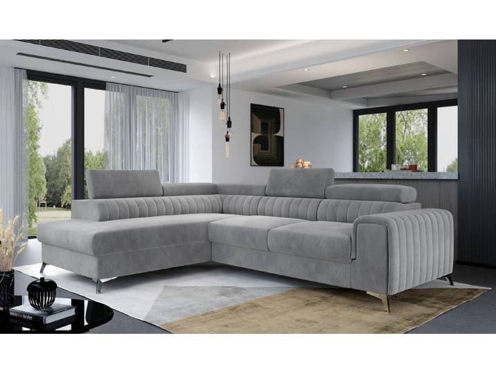 Lukas Möbel Ecksofa Modernes Ecksofa Laura mit Schlaffunktion Bettkasten, regulierbare Kopfstützen, Bettfunktion, Rückseite bezogen