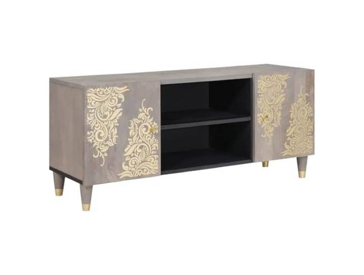 GHVBNMF TV-Schrank Lowboard Grau 105x33x46 cm Mango Massivholz Elegantes Fernsehmöbel für Wohnzimmer und Schlafzimmer mit edlen Messingakzenten und goldenem Siebdruck-Muster.