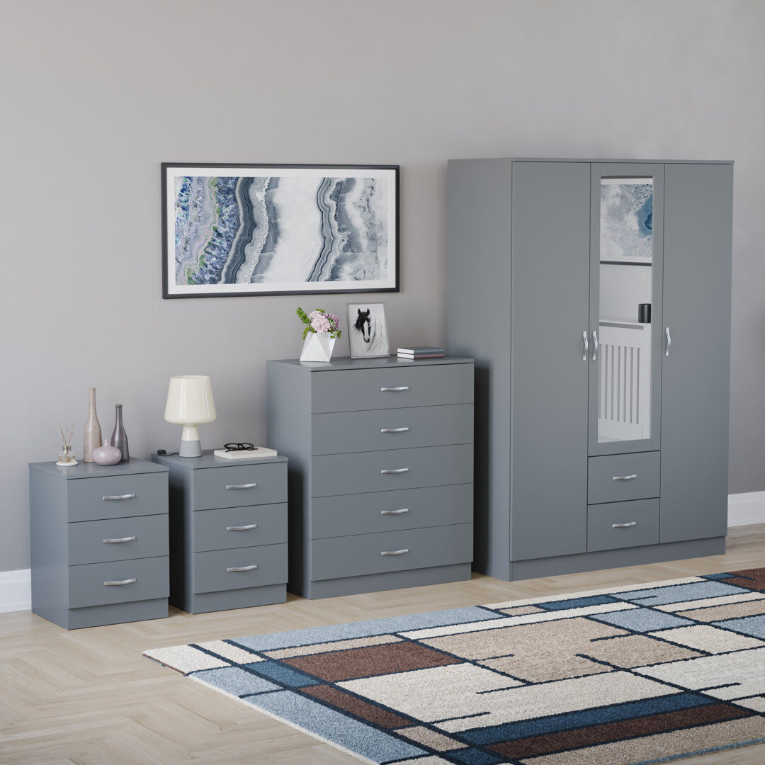 17 Stories Tayce 4 Piece Bedroom Set (3 Drawer Bedside Chest X2, 5 Drawer Chest, 3 Door 2 Drawer Mirrored Wardrobe) Grey