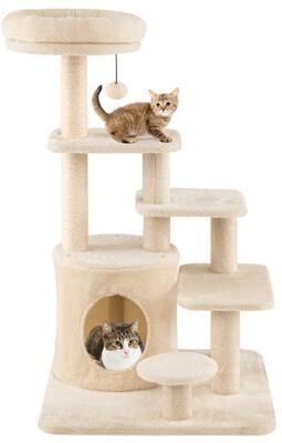 Costway 40 Inch Multi-level Cat Tower with Condo and Dangling Jingle Ball-Beige
