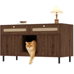 Merax Katzentoiletten-Schrank mit Sandfangmatte, Kommode mit Rattanschubladen, Katzenklo Schrank, 120x50x65 cm, Nussbaum