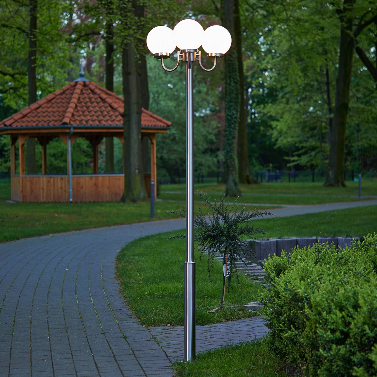 Lindby Samuel outdoor light, 218 cm, 3-bulb, globe, E27, IP44 Lindby, dimmable, Alu / grey / zinc, Stainless steel, Modern, Post Light