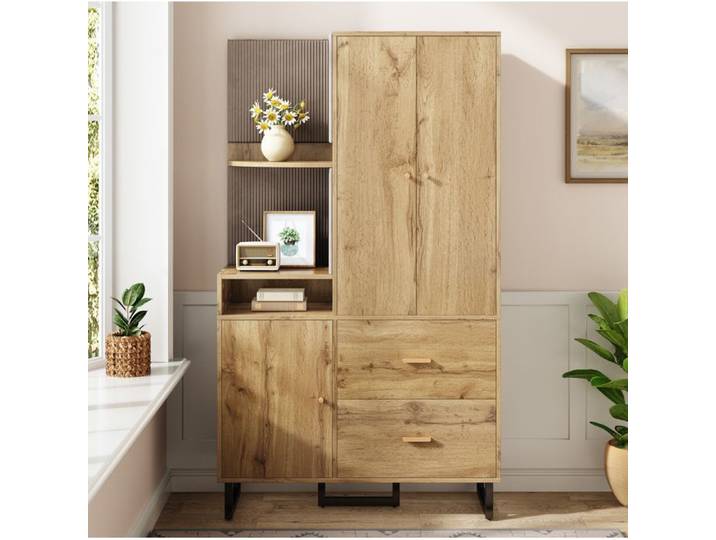 JOINERY meuble d entrée armoire rangement compacte 110 x 38 x 186 cm MDF bois naturel noir avec penderie 2 tiroirs