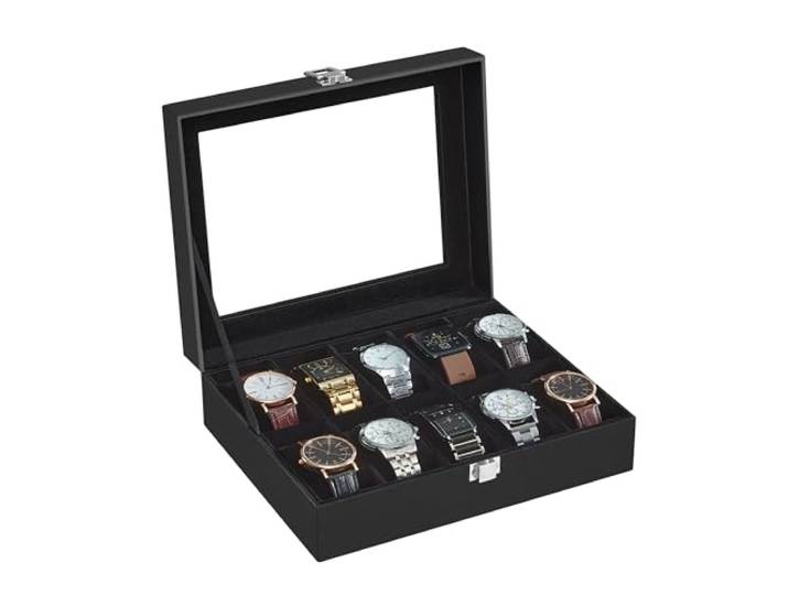 SONGMICS Uhrenbox, 10 Fächer, mit Glasdeckel, aus PU-Leder