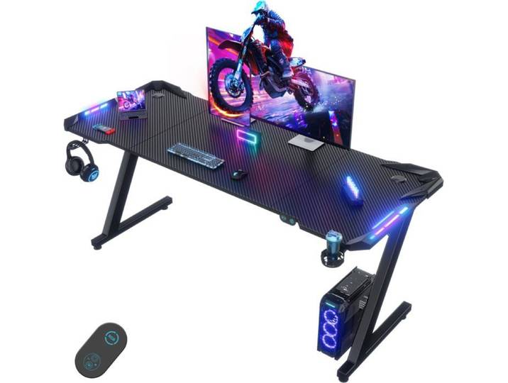 Bureau Gaming 160cm LED RGB Surface Fibre Carbone USB 160x60cm Setup Gamer et Maison