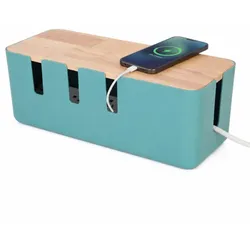 Relaxdays Kabelbox mit Holzdeckel Hellbraun,Türkis
