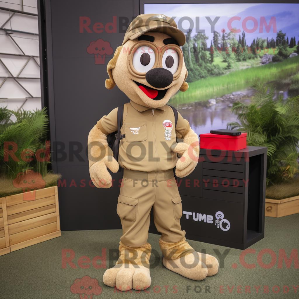 Hellbraunes REDBROKOLY Maskottchenkostüm des Special Air Service mit Laufshorts und Aktentasche