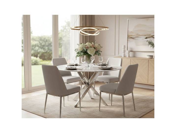 Table à manger ronde verre effet marbré blanc pieds chrome Ø100 cm JESSICA