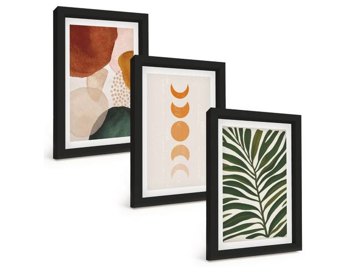 BILDER SET 3er Set - 20x30 cm Schwarzer Rahmen - Abstrakte Blattformen