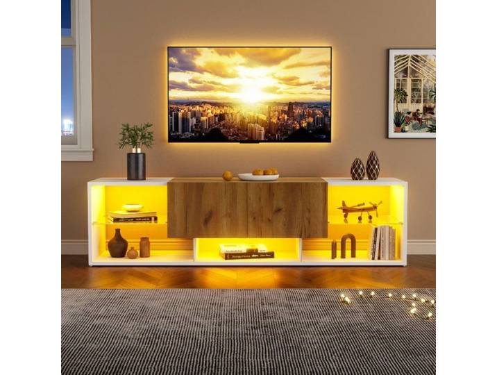 Meuble TV - LANGTU - Meuble TV 3 niveaux (jusqu'à 70 ) - Chêne naturel & Blanc antique - Panneaux de particules - LED 16 couleurs