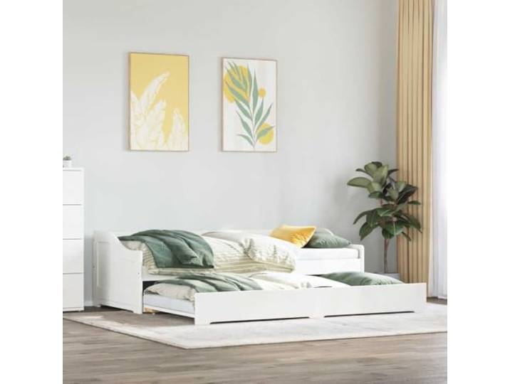 Massives Kiefernholz Tagesbett mit Stauraum Ausziehbar Weiß 90x200cm Tagesbett Ausziehbar ohne Matratze 90x200cm Weiß Massiv Kiefernholz Gästebett Schlafsofa mit Rollkasten IRUN