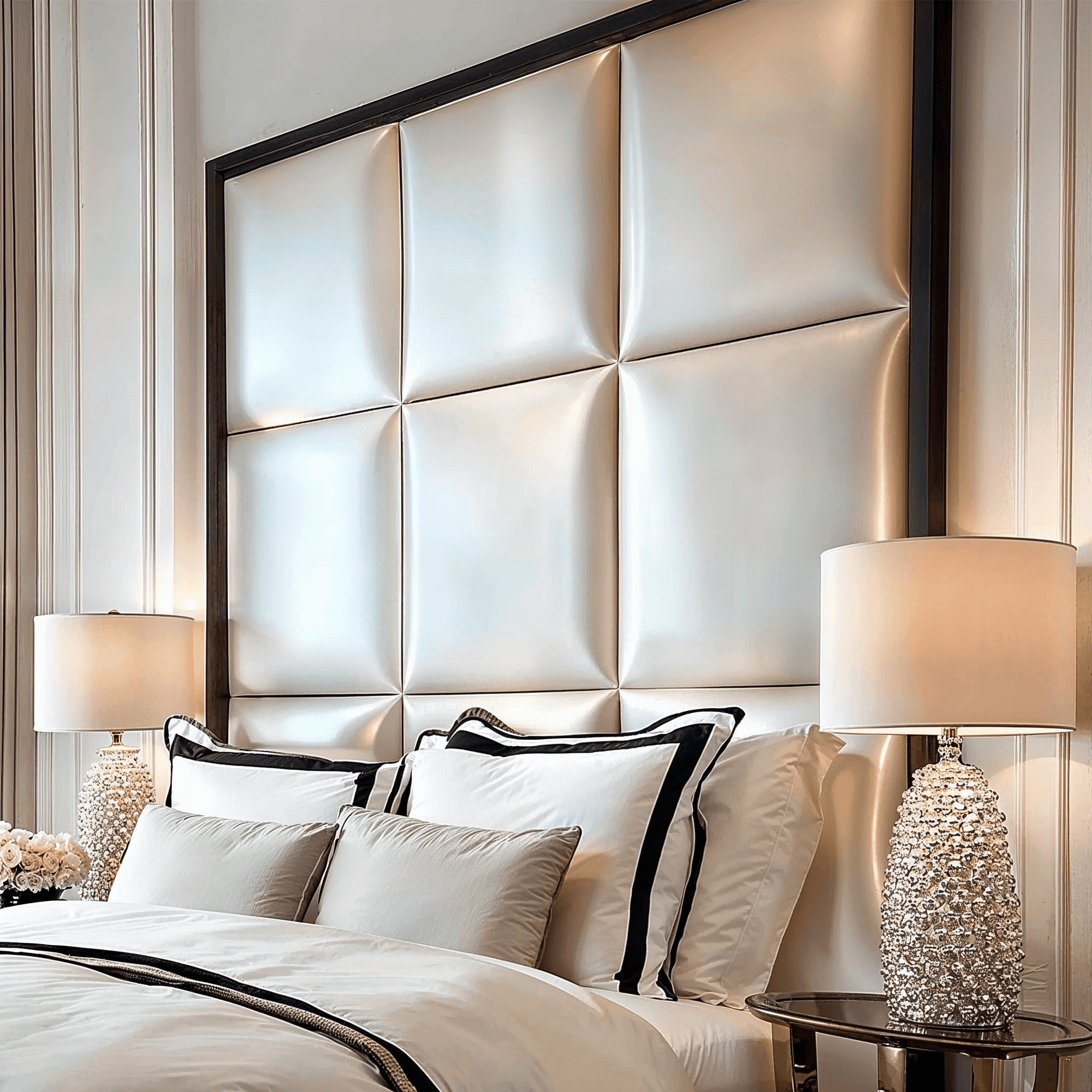 Dream Luxury Vanilla Satin Squares Headboard with Black Wooden Frame, Emperor