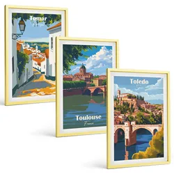 BILDER SET 3er Set - 40x60 cm Goldrahmen - Retro-Stadtgrafiken