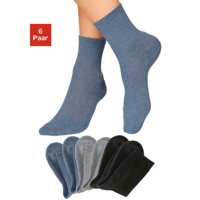 Socken H.I.S "Damen Herrensocken Frottee meliert oder uni", Herren, Gr. 35-38, Sockengröße, bunt (2x schwarz, 2x jeans, melange, 2x grau, melange), Baumwolle, Elasthan, Polyamid, uni und melange, elastisch, Socken Socken, mit bequemem Frottee