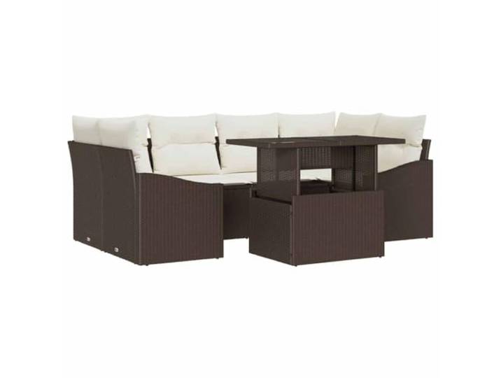 KTHLBRH Gartenmöbel-Set, 7-teilig, braun, Polyrattan, mit Tisch Poltracan braun, schwarze Armlehnen, verstellbarer Glastisch, lackierter Stahl, Lounge- oder Essbereich
