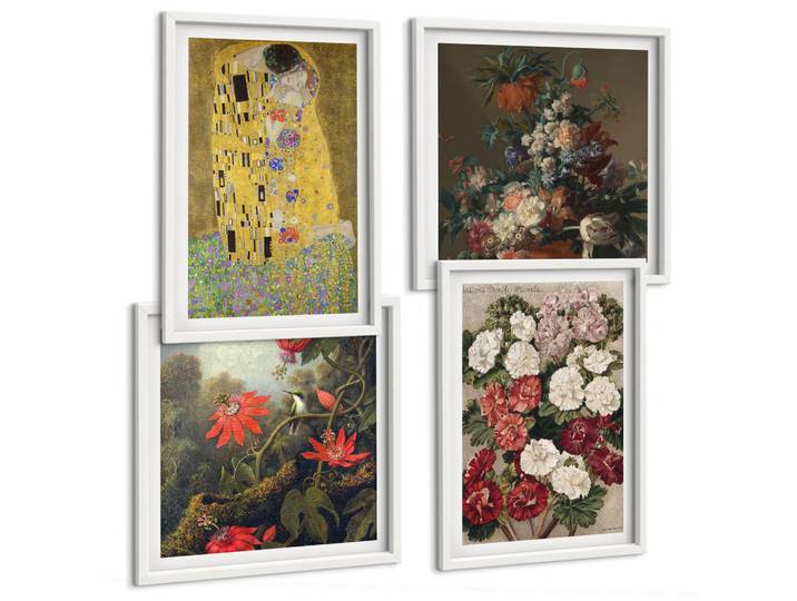 Tulup Bilder SET 4er Set - 50x50 cm & 40x60 cm Weißer Rahmen - Blumen des Baumes (Gemälde von Klimt), Kunststoff, Rechteckig, 50x50 cm, einfache und schnelle Anbringung, Bilder & Rahmen, Bilder