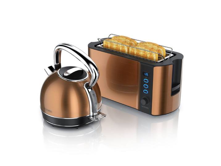 Arendo Frühstücks-Set Edelstahl Wasserkocher 1,7l, 4-Scheiben Langschlitz Toaster, kupfer (2-tlg), Vintage Wasserkocher Temperatureinstellung, Toaster Brötchenaufsatz