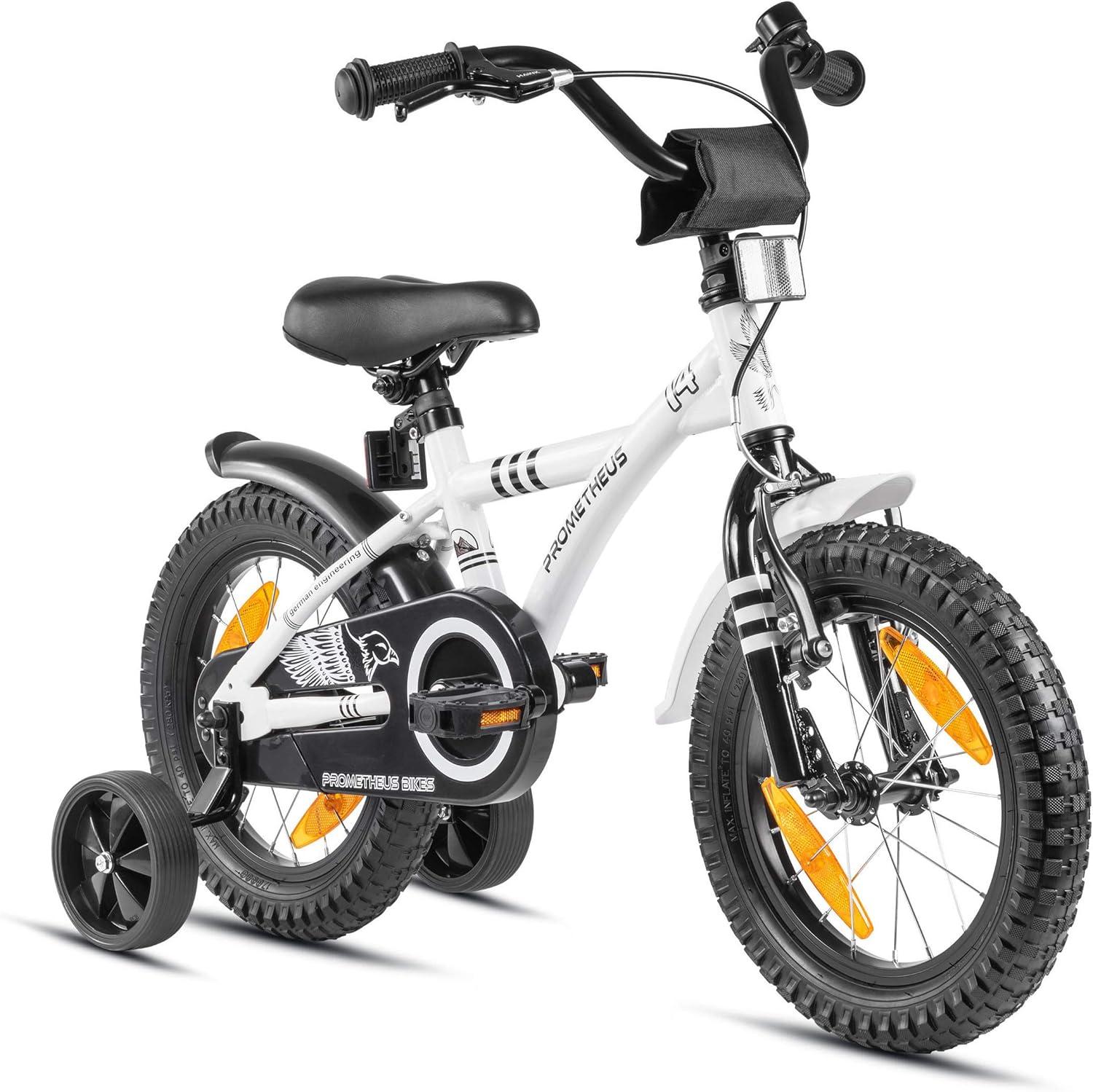 PROMETHEUS Fahrräder - Kinderfahrrad, 14 Zoll, für Jungen und Mädchen ab 4 Jahren, mit Seitlenker und Rücktrittbremse, in Weiß, BMX-Design