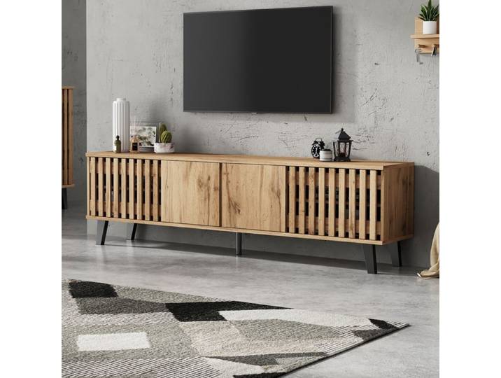 Meuble TV - ZEVKOR - 4 portes - 8 compartiments - plateforme ouverte - bois naturel