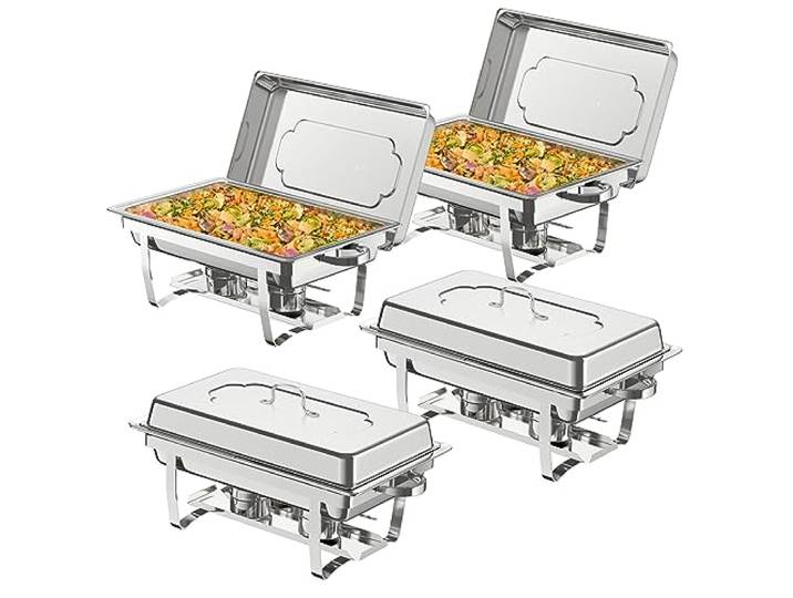 NArra 4er Pack Chafing Dish Buffet Set, 9L Rechteckige Catering Servierplatten aus Edelstahl mit Speisepfanne, Speisenwärmer mit faltbarem Rahmen für Partys, Abendessen, Catering, Hochzeiten