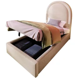 OKWISH Polsterbett 90x200 mit Stauraum hydraulischem Lattenrost PU Bezug langlebig Halbkreis Kopfteil modernes Design stabil pflegeleicht Beige