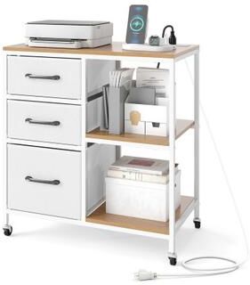 Costway 3 Drawer Mobile File Cabinet with Charging Station Rolling Printer Stand with Open Storage Shelves-Natural