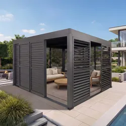 Alu Pergola HWC-L46, Pavillon Terrassenüberdachung, 7x Lamellenpaneel 7x Schiebetüren, 11cm-Gestell, 3x4m ~ anthrazit