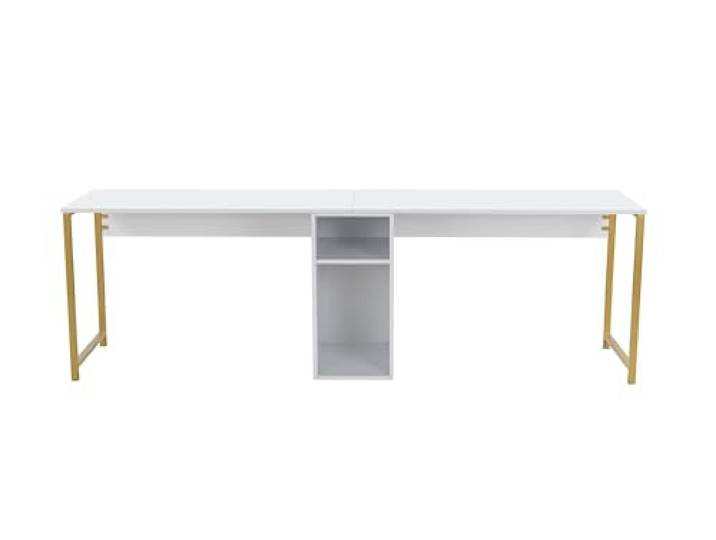 Zeitgemäßer und praktischer Schreibtisch, Weiß, Gold, 240 x 74 x 60 100% melaminbeschichtete Spanplatte perfekt für modernes Homeoffice & Arbeitszimmer, Elegantes & funktionales Design