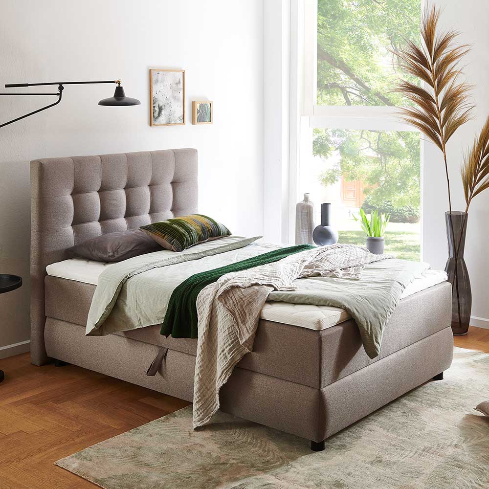 Pharao24.de Box Singlebett Hellbraun Stoff in modernem Design 124 cm hoch