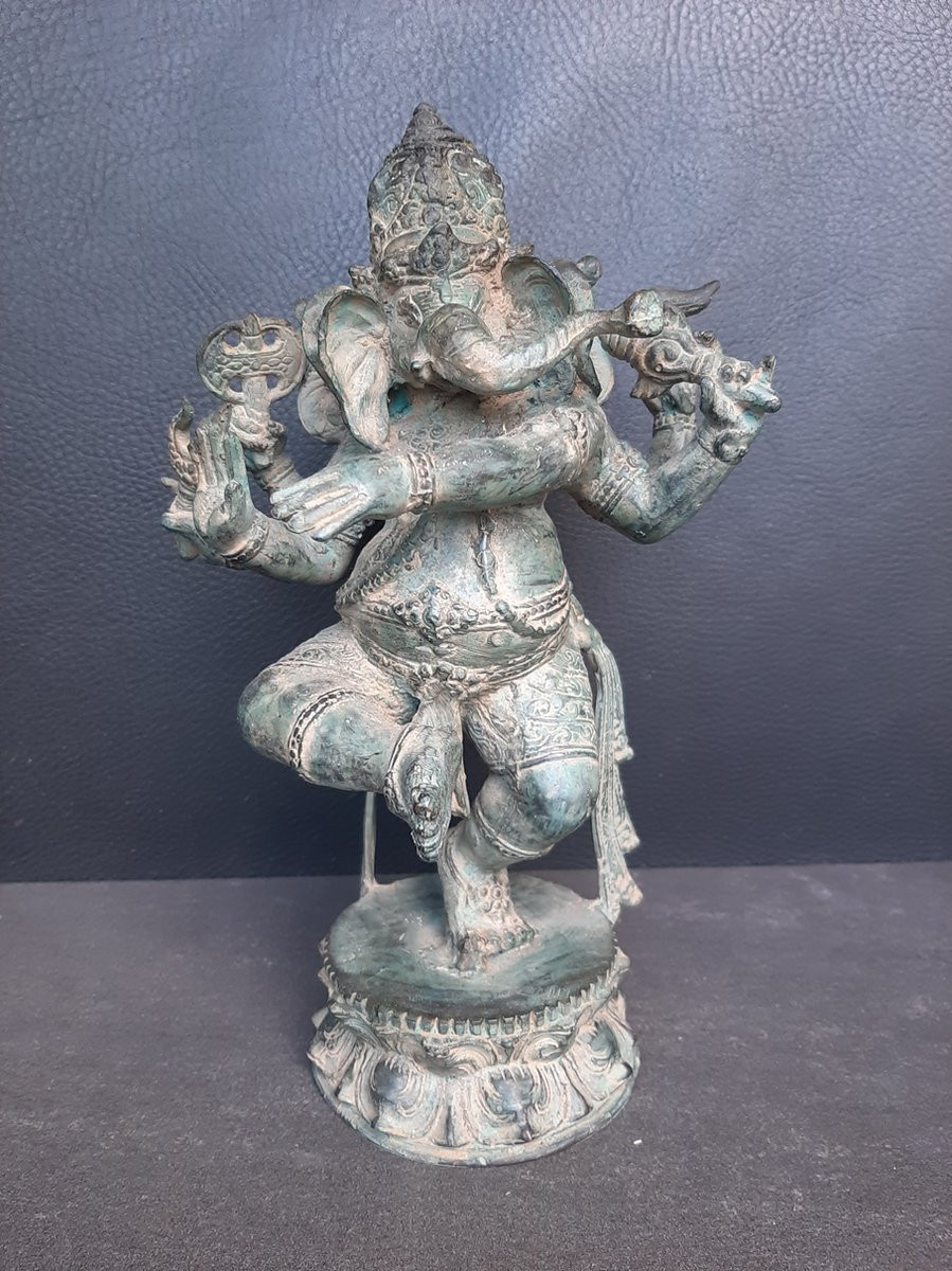 Bronzen Ganesh/Ganapati standbeeld met 3 gezichten uit India voor op tafel