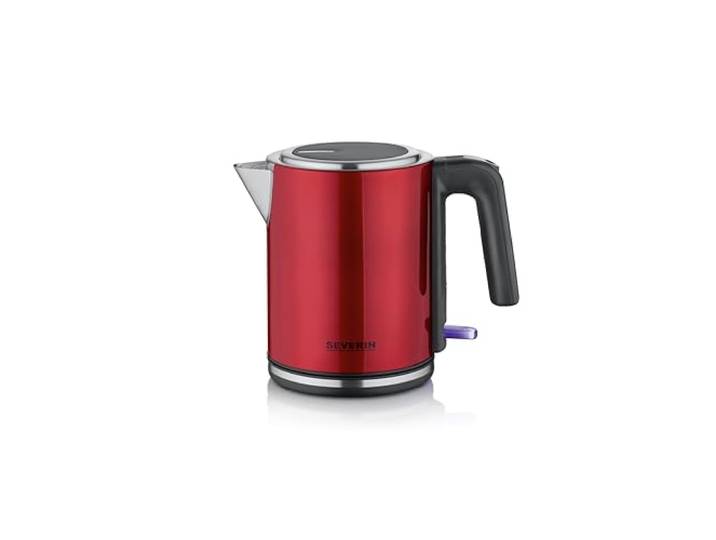 SEVERIN Bouilloire compacte à ouverture extra large\, 2 400 W\, Petite bouilloire au design moderne\, Capacité : 1 L\, Socle 360°\, Bouilloire électrique avec filtre anticalcaire\, inox/rouge\, WK 3427