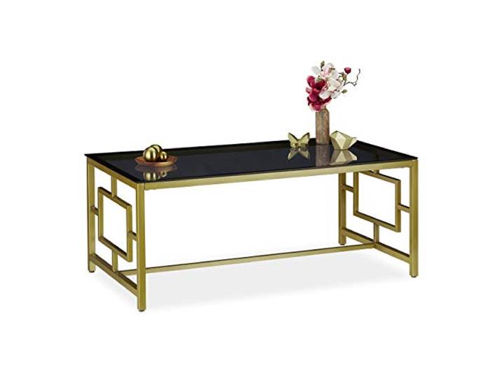 Relaxdays Couchtisch, Schwarze Glasplatte, Robustes Metallgestell, Wohnzimmertisch, HxBxT 45 x 110 x 60 cm, schwarz-Gold