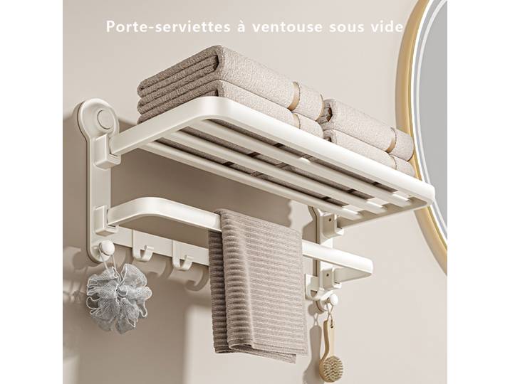 Porte-serviettes pliant gris à ventouse sous vide pour salle de bain, blanc crème, 50/60cm, avec crochet, étagère murale, support de rangement