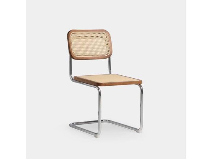 KLAST Stuhl Kelia aus Hevea-Holz, Walnuss, mit Rückenlehne und Sitzfläche aus Rattan, elegantes Design mit verchromter Rohrstruktur, 84 cm x 45 cm, ideal für Wohnzimmer oder Esszimmer