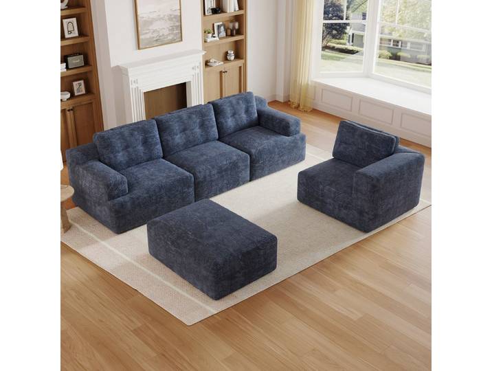MODFU Schlafsofa Modulares Sofa aus Vollschaum, frei kombinierbar L- oder U-Form 1 Teile, Blau, 252x180x82cm, Chenille
