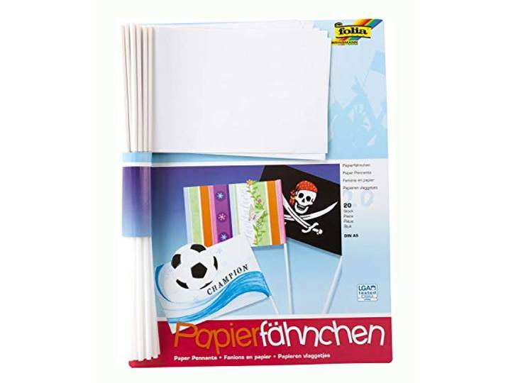 folia 2372 Papieren vlaggetjes, DIN A5, staaflengte 40 cm, 20 stuks, wit - om te schilderen, te beplakken en te versieren