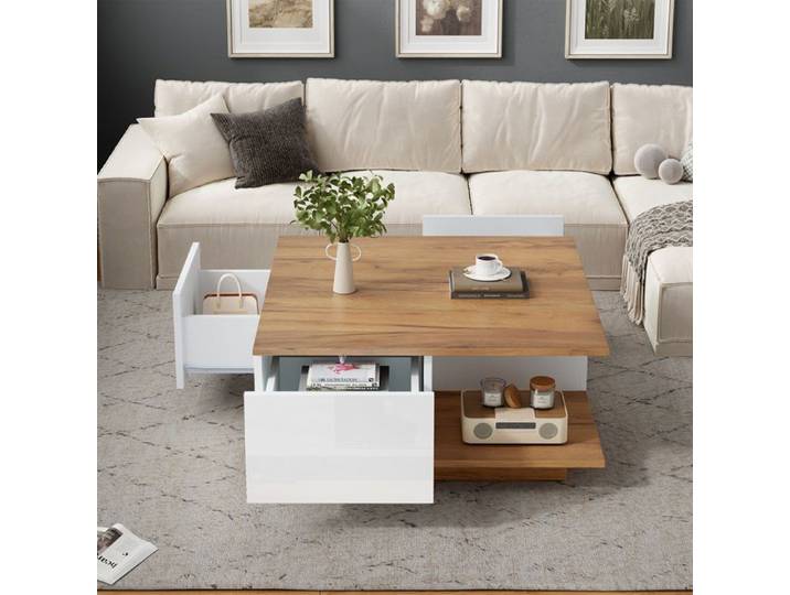 Table basse carrée 70x70x31 5 cm avec 3 tiroirs rangement semi-ouvert finition brillante blanc/bois naturel