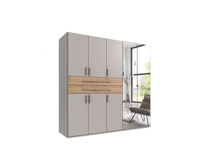 Drehtürenschrank Kleiderschrank 225 cm Beige Grau Spiegel Schubkästen Eiche Artisan / 22636