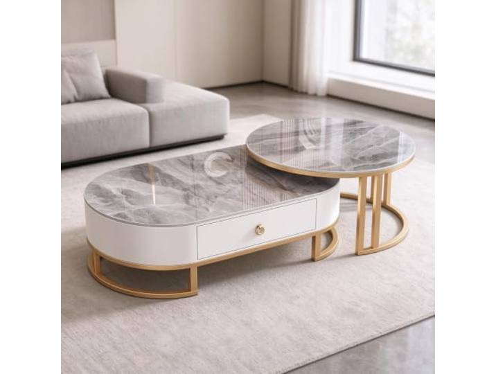 YHTCSXMD Ausziehbarer Couchtisch mit Steinplatte und Schublade Nesting Design, Steinplatte, Stahlrahmen, Holzschublade, couchtisch rund, couchtisch modern, Wohnzimmer