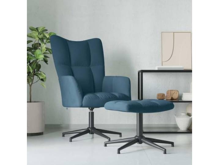 WHOPBXGAD Samt 360 Grad Drehung Quadrat Design Blau Relaxsessel mit Hocker Blau Samt, 360 Grad drehbar, dicke Schaumstoffpolsterung, Kreuzfuß Stahl, modernes Design, Wohnzimmer