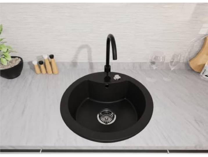 Faizee Home Granitspüle Vela Ø 49 cm – Stilvolle Eleganz inkl. passender Armatur Spülbecken für Unterschrank ab 45 cm Robust & pflegeleicht (Mattschwarz)