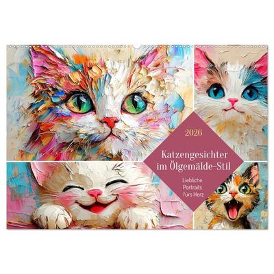 Katzengesichter im Ölgemälde-Stil. Liebliche Portraits fürs Herz (Wandkalender 2026 DIN A2 quer), CALVENDO Monatskalender