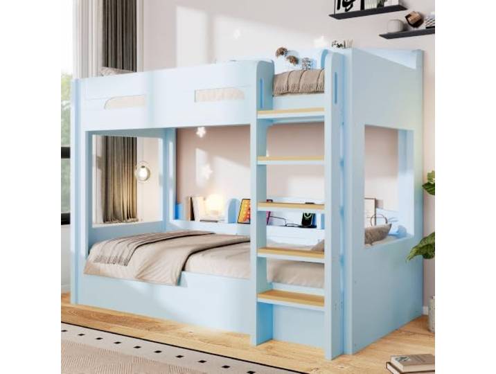 Holzbett Hochbett 90x200 mit Regal & Ausziehbett & Stauraum & USB, Blau Multifunktionales Kinderbett Jugendbett 90x200 Einzelbett mit Regal, Ausziehbett, USB-Anschluss und Stauraum, Ohne Matratze