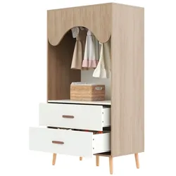 Offener Kleiderschrank 80x46x142 cm Weiß+Naturholz mit Kleiderstange & 2 Schubladen, Kinderzimmer & Schlafzimmer, HDF langlebig