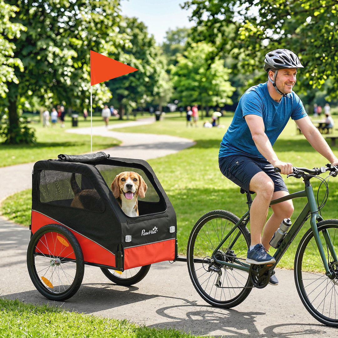 PawHut Dog Bike Trailer for Small & Medium Pets with 20 Rubber Wheels Red Red, Black 88cm H X 139cm W X 72cm D